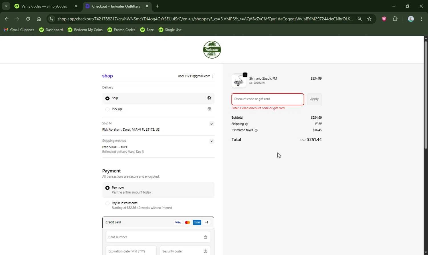 Tailwater Outfitters discount code screenshot showing code WELCOME10 applied at Tailwater Outfitters checkout page. Uploaded by SimplyCodes community member LHaunter2 on Nov 27, 2025