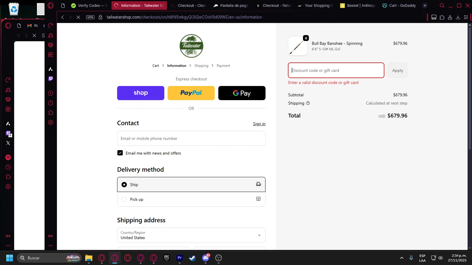 Tailwater Outfitters discount code screenshot showing code WELCOME10 applied at Tailwater Outfitters checkout page. Uploaded by SimplyCodes community member leonardocamacho2 on Nov 27, 2025