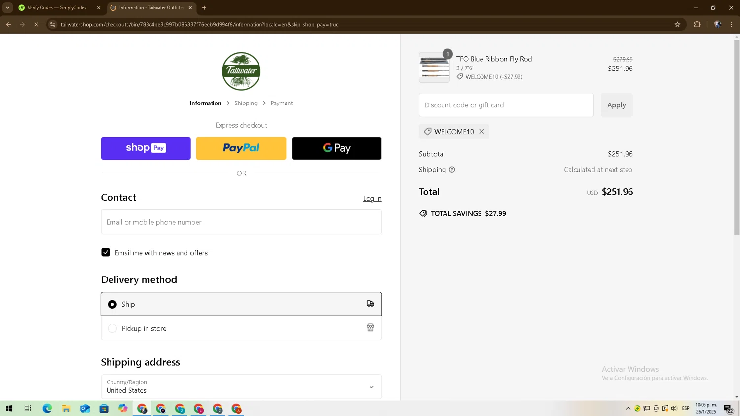 Tailwater Outfitters discount code screenshot showing code WELCOME10 applied at Tailwater Outfitters checkout page. Uploaded by SimplyCodes community member zadquiel on Jan 27, 2025
