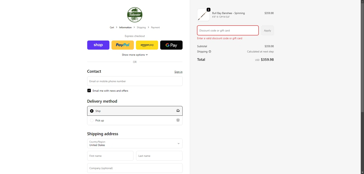 Tailwater Outfitters discount code screenshot showing code 20%BACK applied at Tailwater Outfitters checkout page. Uploaded by SimplyCodes community member LOgoter on Feb 14, 2026