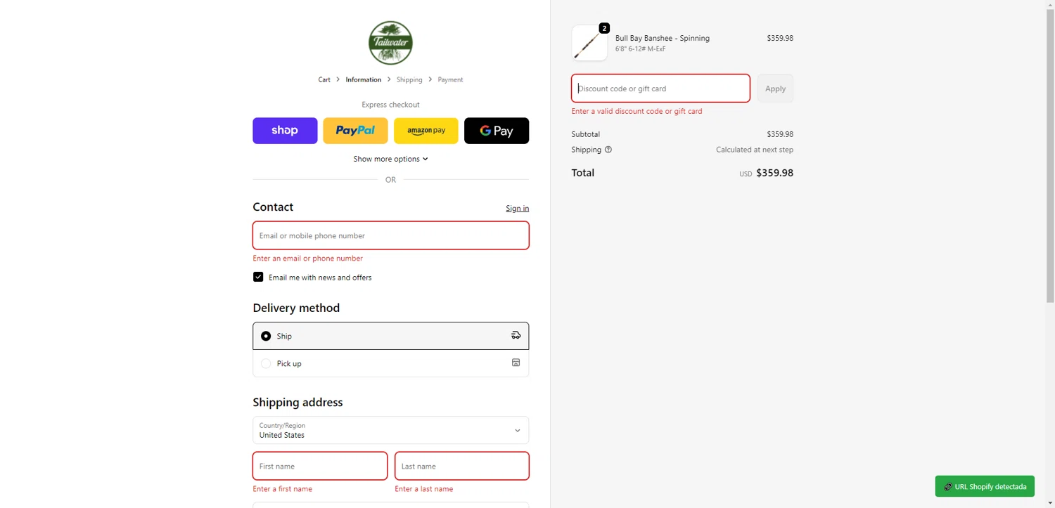 Tailwater Outfitters discount code screenshot showing code 20%BACK applied at Tailwater Outfitters checkout page. Uploaded by SimplyCodes community member NobleMaestro6498 on Feb 14, 2026