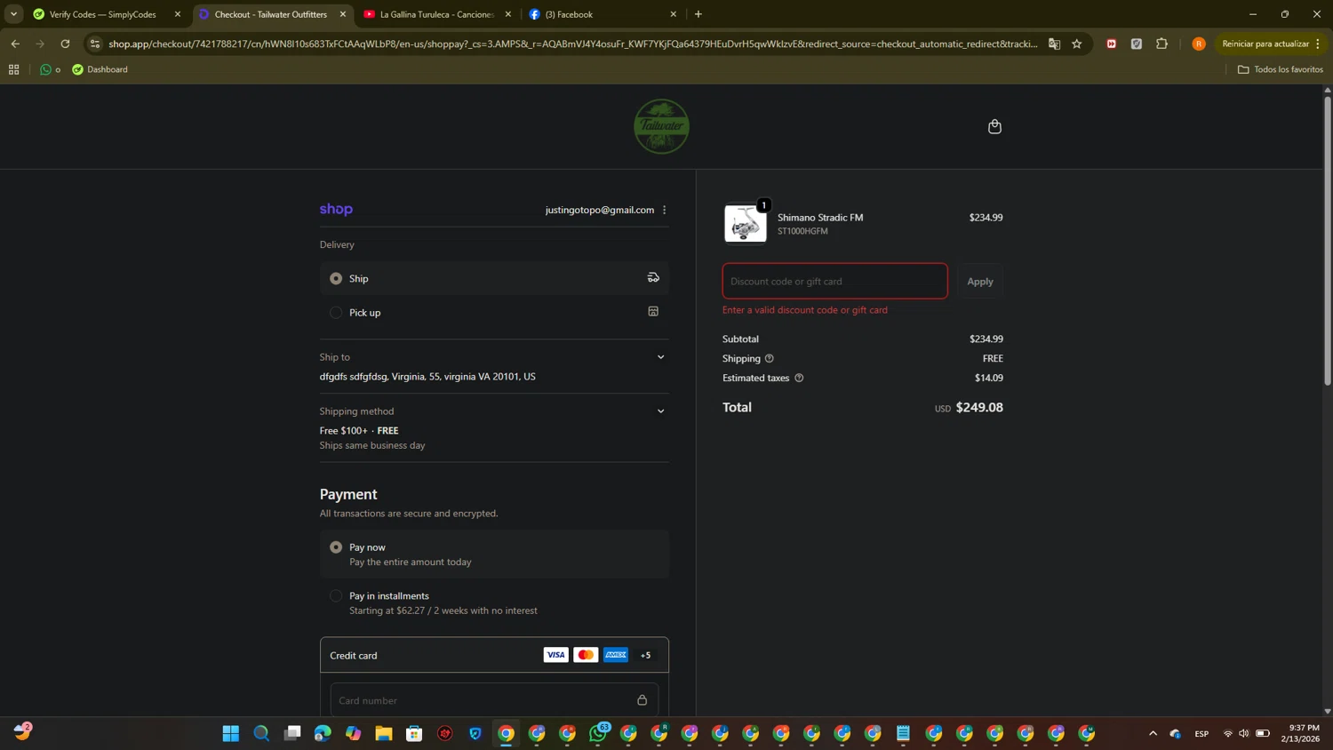 Tailwater Outfitters discount code screenshot showing code 20%BACK applied at Tailwater Outfitters checkout page. Uploaded by SimplyCodes community member PromoTitan1625 on Feb 14, 2026