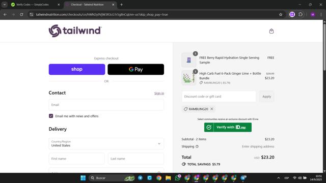 Tailwind Nutrition checkout page showing Tailwind Nutrition discount code box | Screenshot taken by SimplyCodes community member on Sep 14, 2025