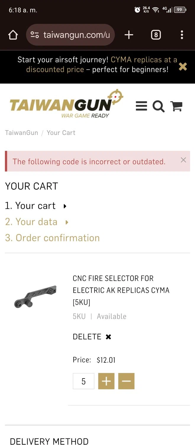 Taiwangun coupon code screenshot showing code CUT15 applied at Taiwangun checkout page. Uploaded by SimplyCodes community member Luis0101 on Feb 26, 2025