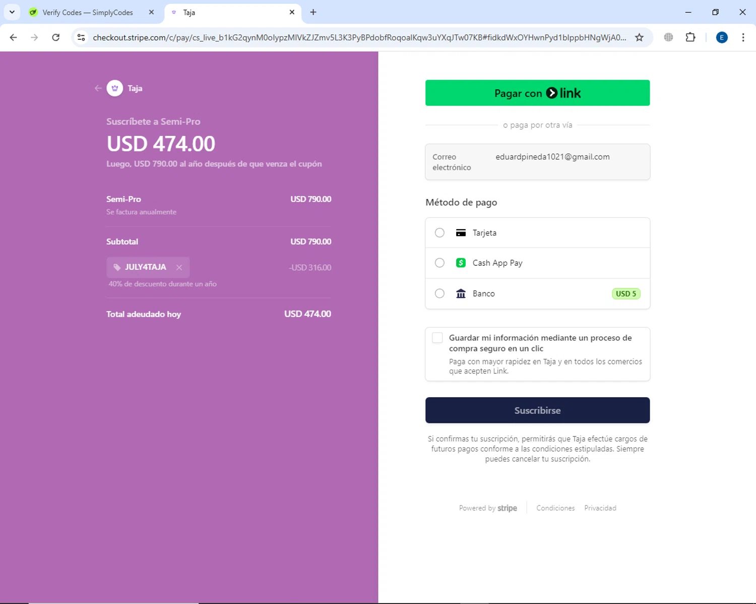 Taja AI checkout page showing Taja AI promo code box | Screenshot taken by SimplyCodes community member on Jan 7, 2025