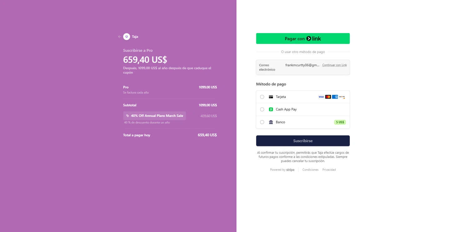 Taja AI promo code screenshot showing code july4taja applied at Taja AI checkout page. Uploaded by SimplyCodes community member DealOwl558 on Mar 18, 2025