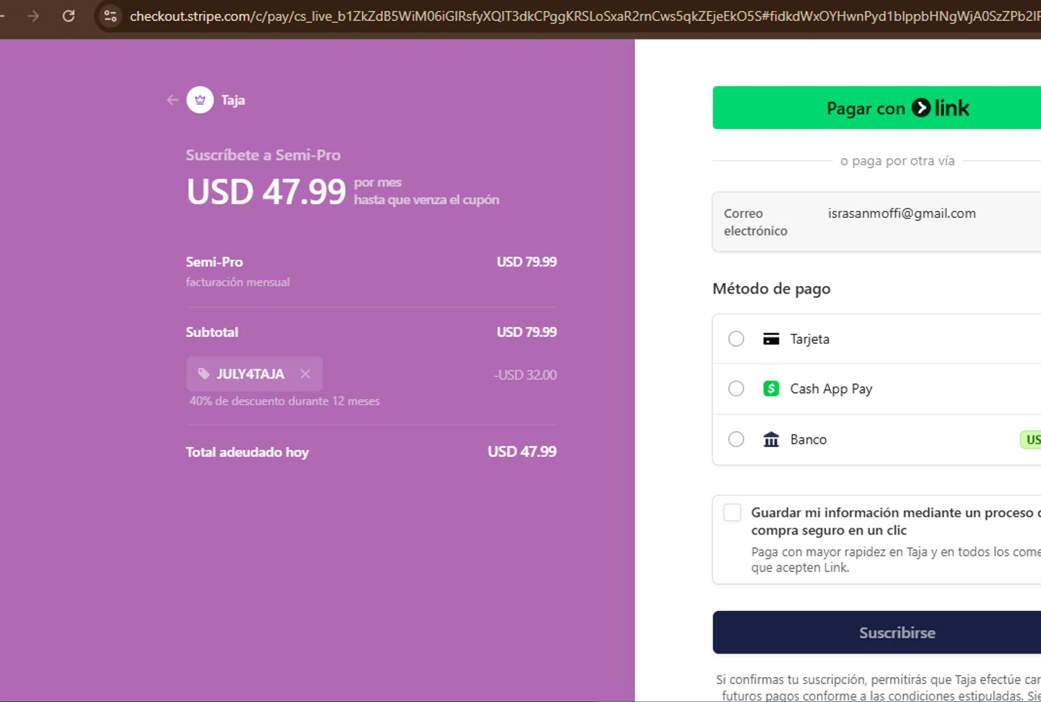 Taja AI checkout page showing Taja AI promo code box | Screenshot taken by SimplyCodes community member on Dec 9, 2024