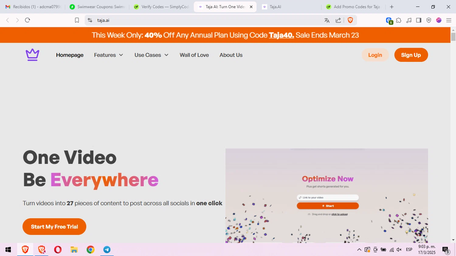 Taja AI promo code screenshot showing code july4taja applied at Taja AI checkout page. Uploaded by SimplyCodes community member peachee on Mar 18, 2025