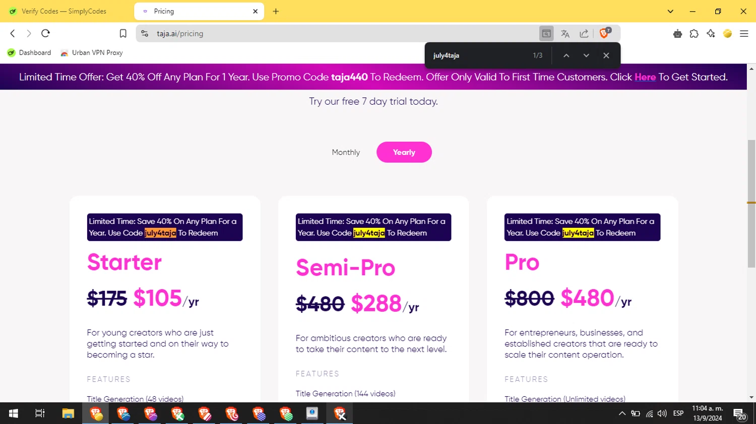 Taja AI checkout page showing Taja AI promo code box | Screenshot taken by SimplyCodes community member on Sep 13, 2024