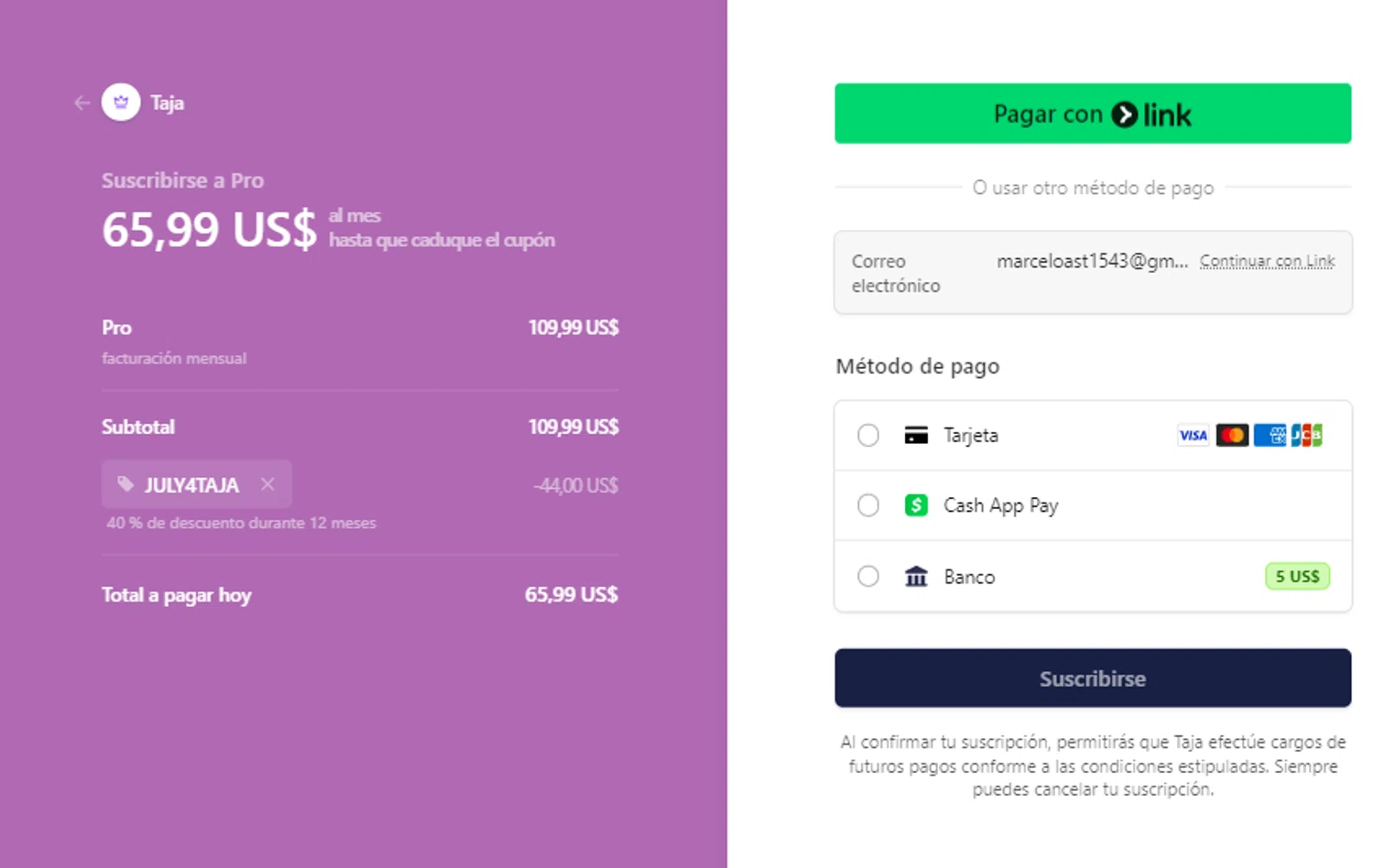 Taja AI checkout page showing Taja AI promo code box | Screenshot taken by SimplyCodes community member on Feb 5, 2025