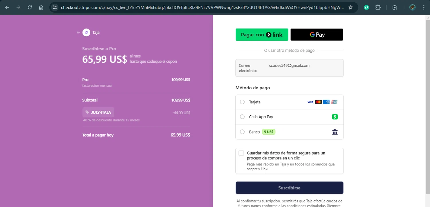 Taja AI checkout page showing Taja AI promo code box | Screenshot taken by SimplyCodes community member on Mar 1, 2025