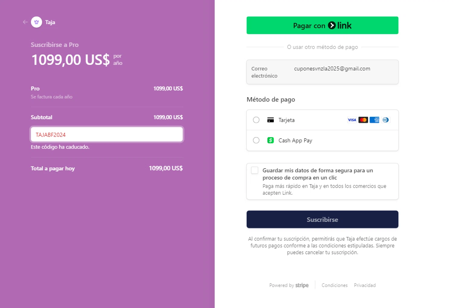 Taja AI promo code screenshot showing code TajaBF2024 applied at Taja AI checkout page. Uploaded by SimplyCodes community member CouponCurator5931 on Feb 7, 2025
