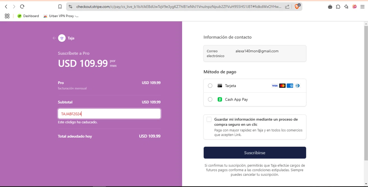 Taja AI promo code screenshot showing code TajaBF2024 applied at Taja AI checkout page. Uploaded by SimplyCodes community member pipemalkovich on Feb 7, 2025