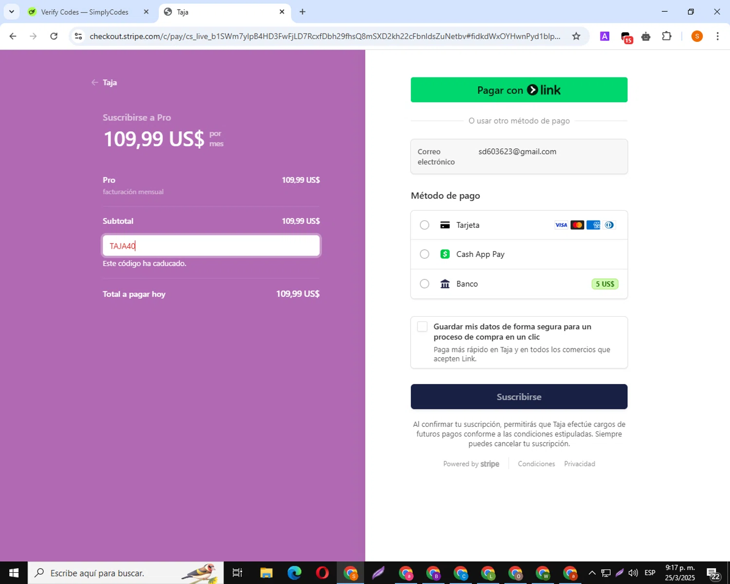 Taja AI promo code screenshot showing code Taja40 applied at Taja AI checkout page. Uploaded by SimplyCodes community member TokenSpotter210 on Mar 26, 2025