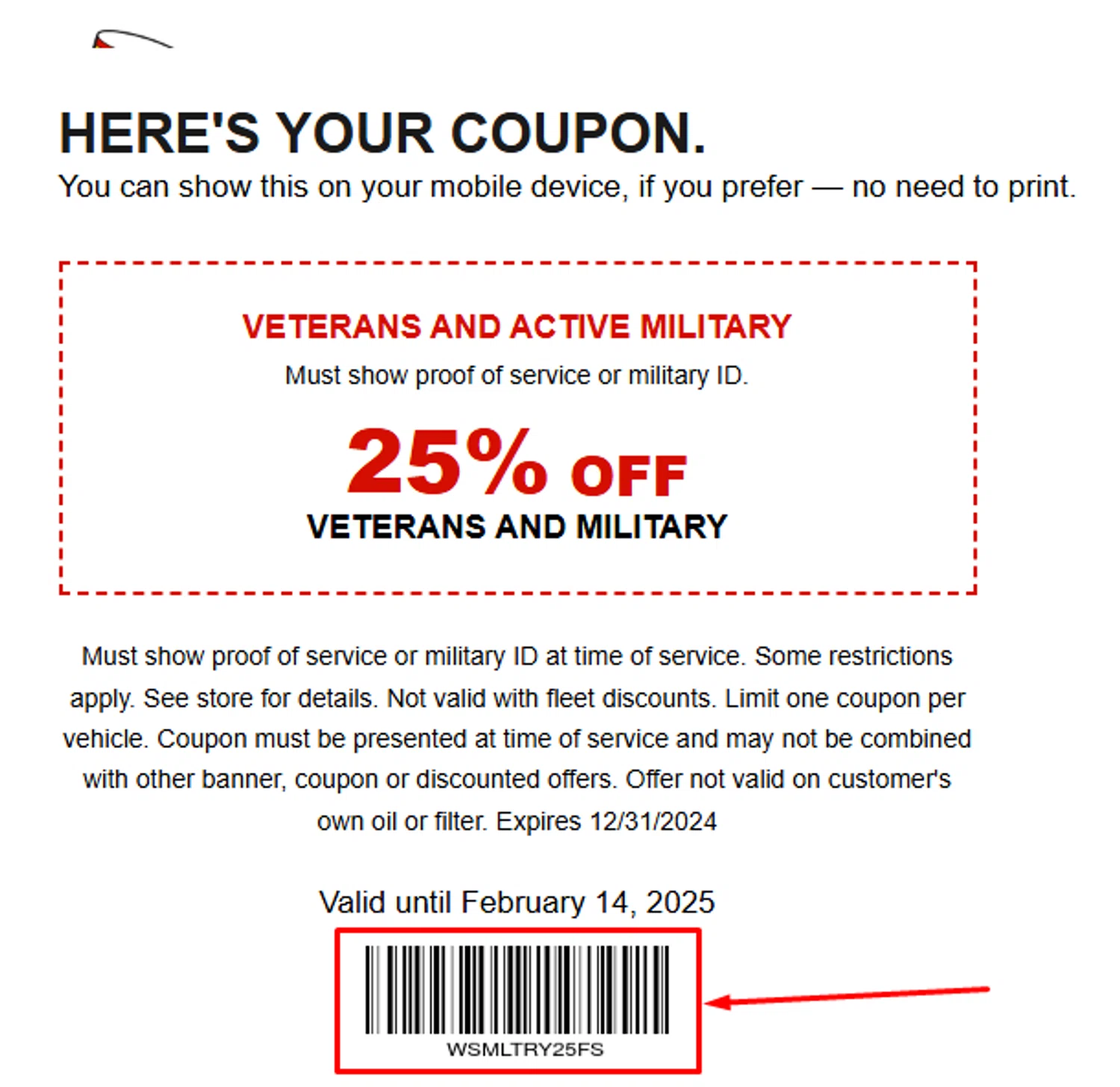 Take 5 Oil Change promo code screenshot showing code wsmltry25fs applied at Take 5 Oil Change checkout page. Uploaded by SimplyCodes community member antonietarodriguez96 on Jan 31, 2025