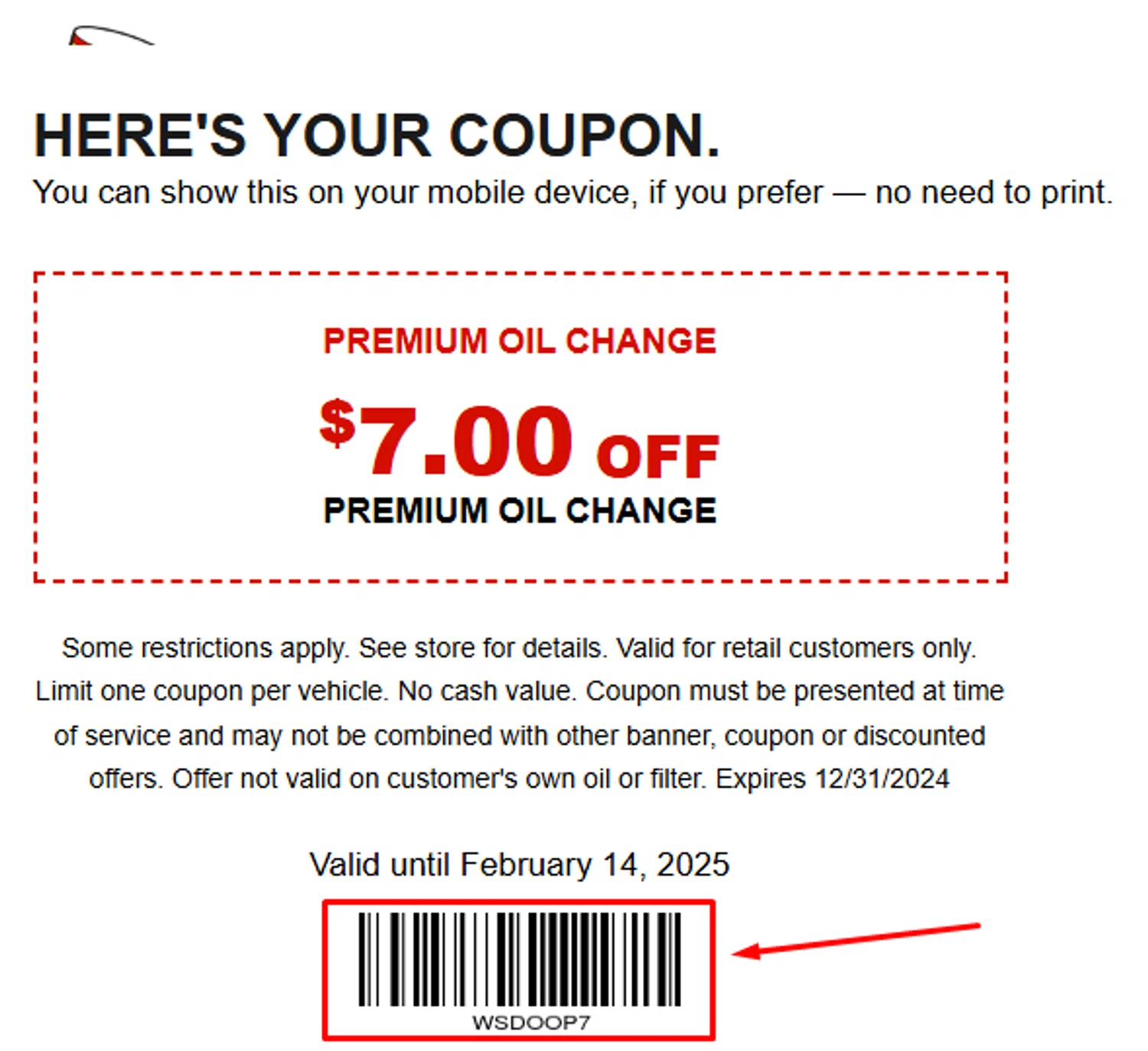 Take 5 Oil Change promo code screenshot showing code wsdoop7 applied at Take 5 Oil Change checkout page. Uploaded by SimplyCodes community member antonietarodriguez96 on Jan 31, 2025