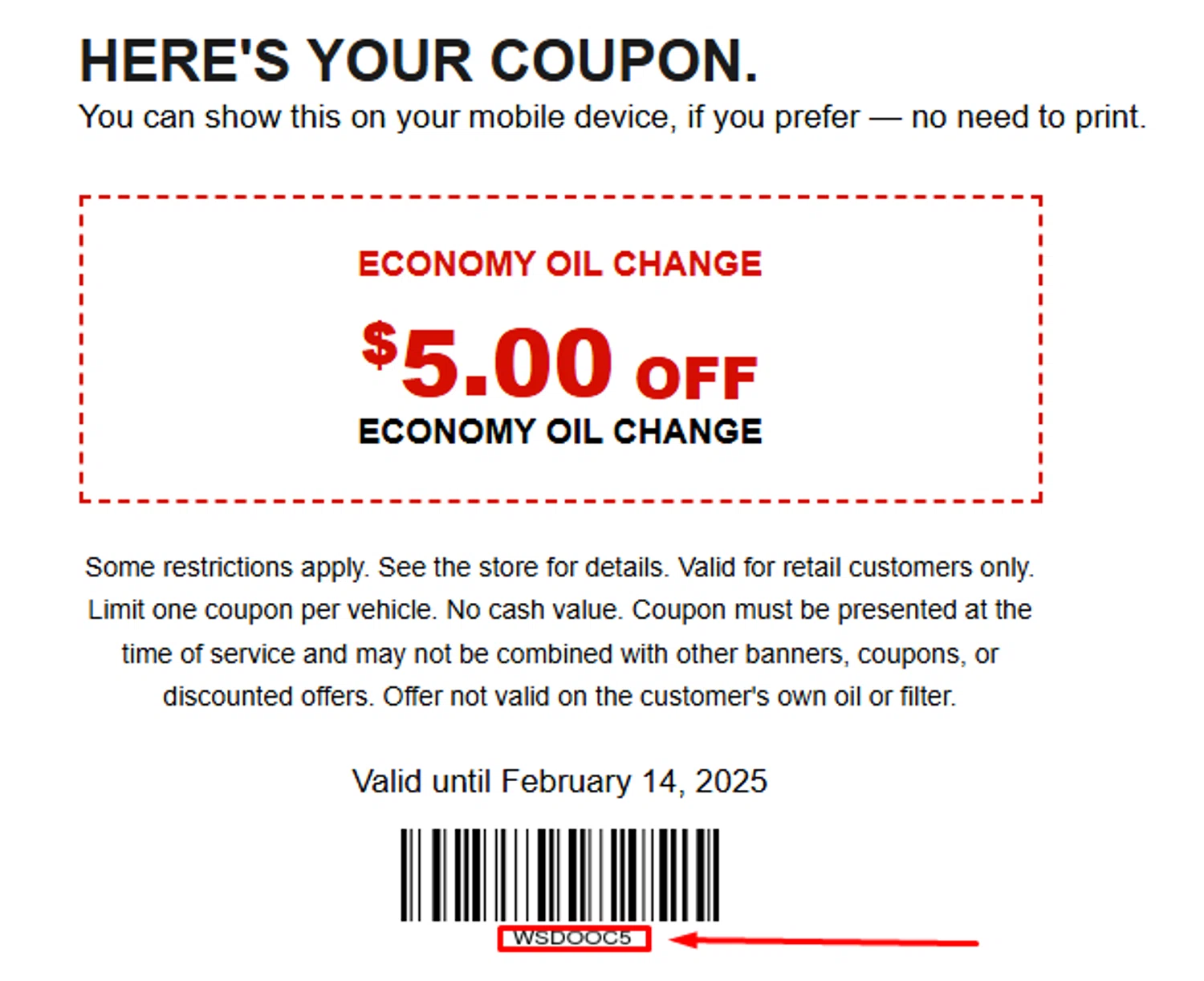 Take 5 Oil Change promo code screenshot showing code wsdooc5 applied at Take 5 Oil Change checkout page. Uploaded by SimplyCodes community member antonietarodriguez96 on Jan 31, 2025