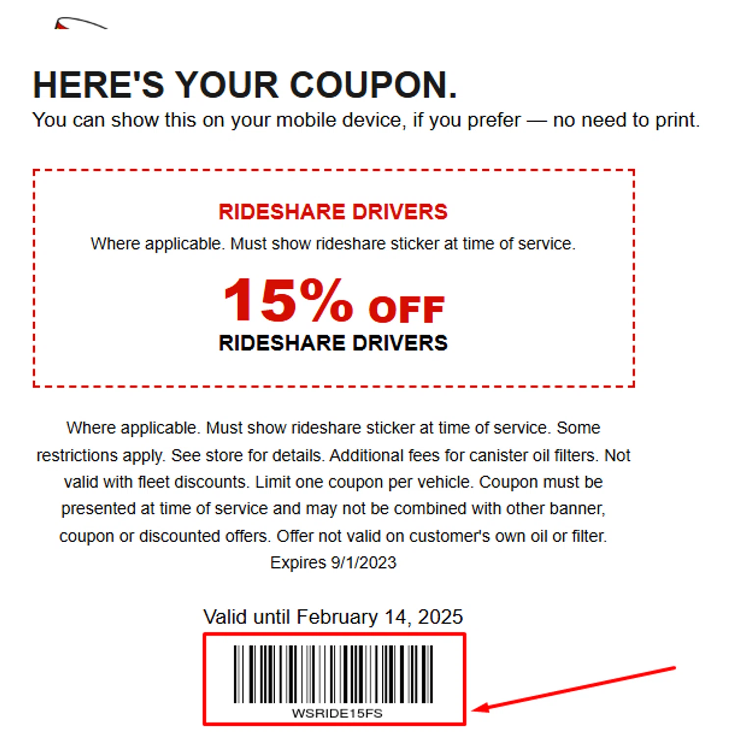 Take 5 Oil Change promo code screenshot showing code wsride15fs applied at Take 5 Oil Change checkout page. Uploaded by SimplyCodes community member antonietarodriguez96 on Jan 31, 2025
