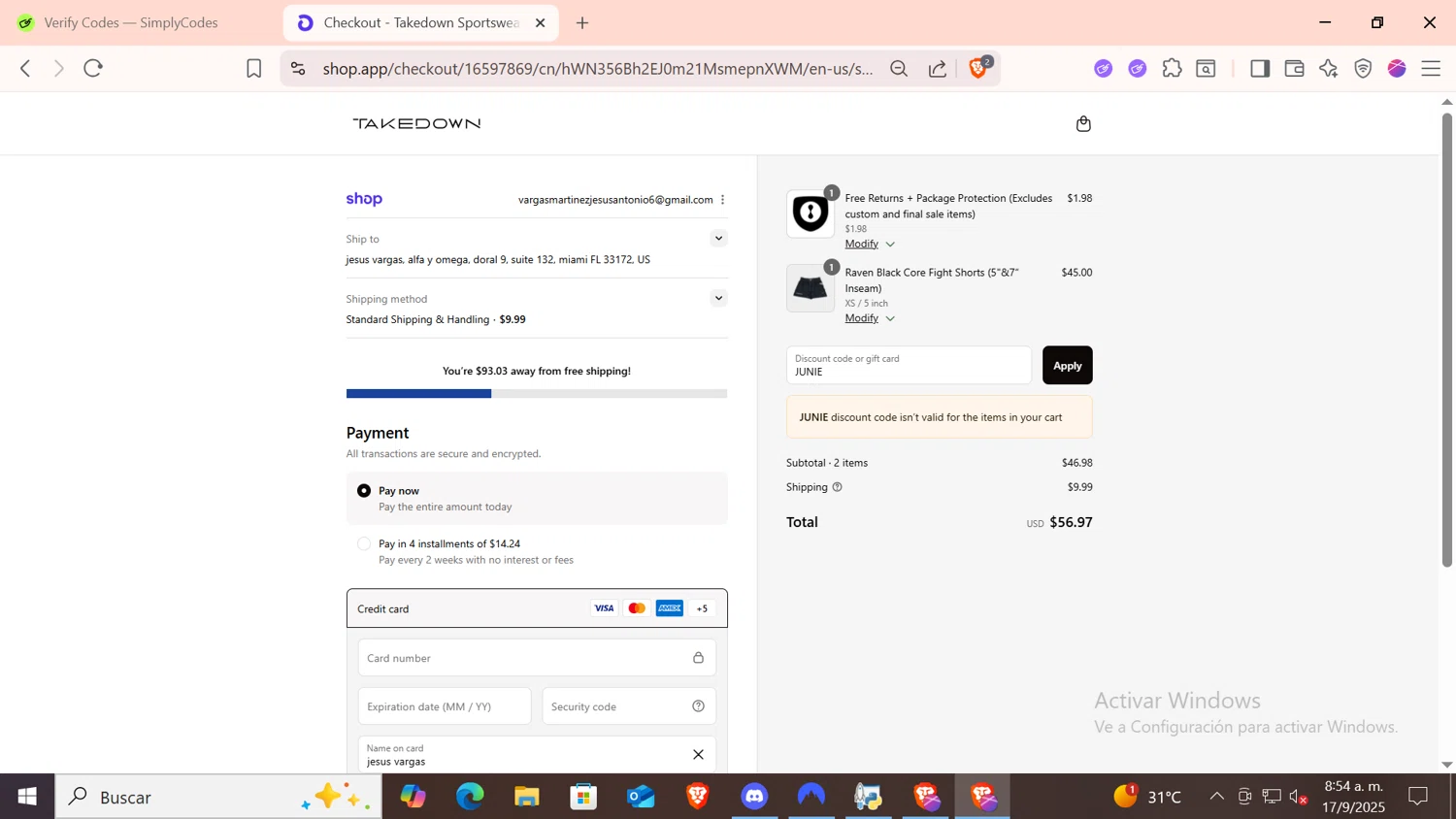 Takedown Sportswear discount code screenshot showing code JUNIE applied at Takedown Sportswear checkout page. Uploaded by SimplyCodes community member CODMOBILE1 on Sep 17, 2025