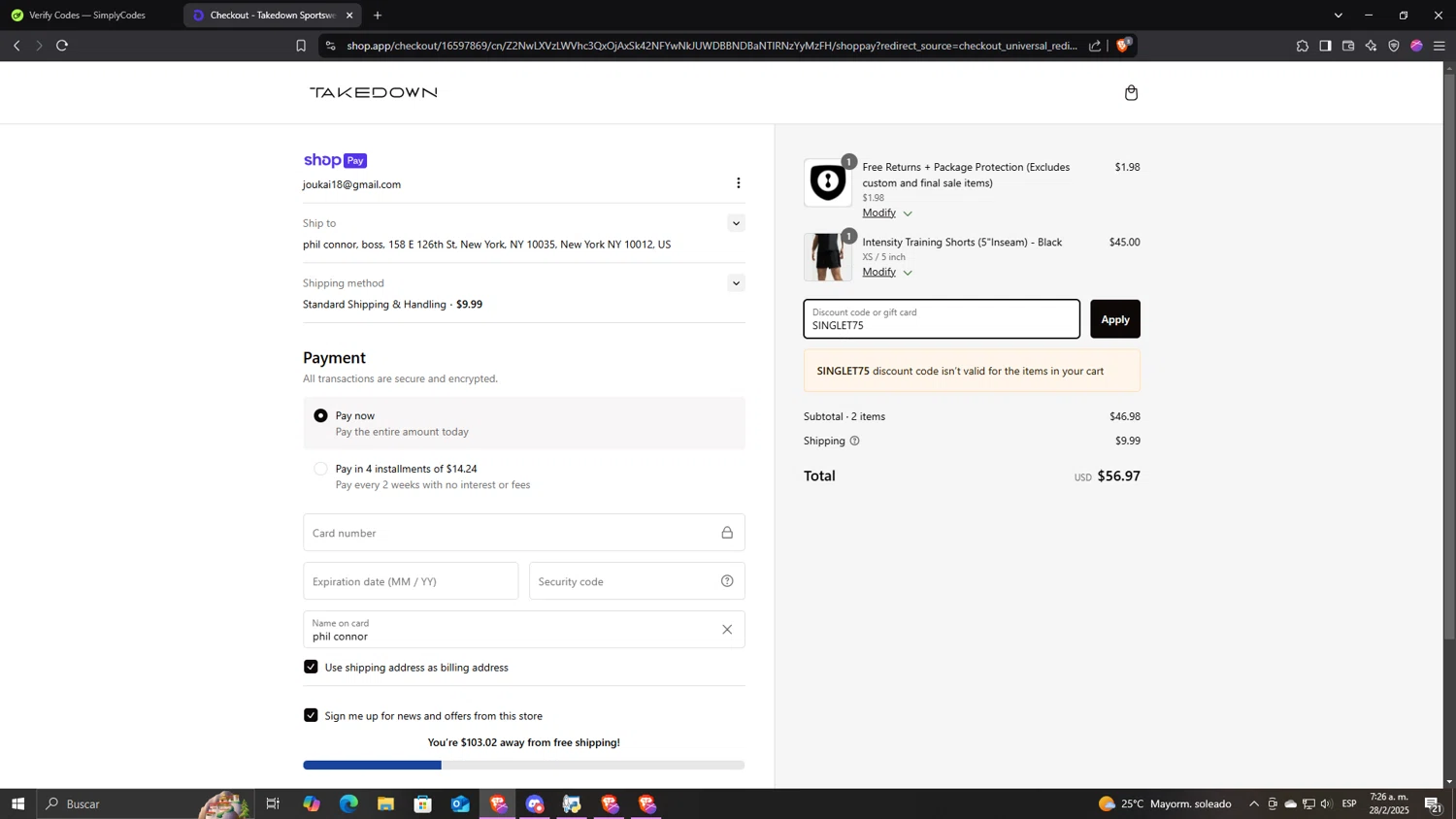 Takedown Sportswear discount code screenshot showing code SINGLET75 applied at Takedown Sportswear checkout page. Uploaded by SimplyCodes community member CocuydePenca on Feb 28, 2025