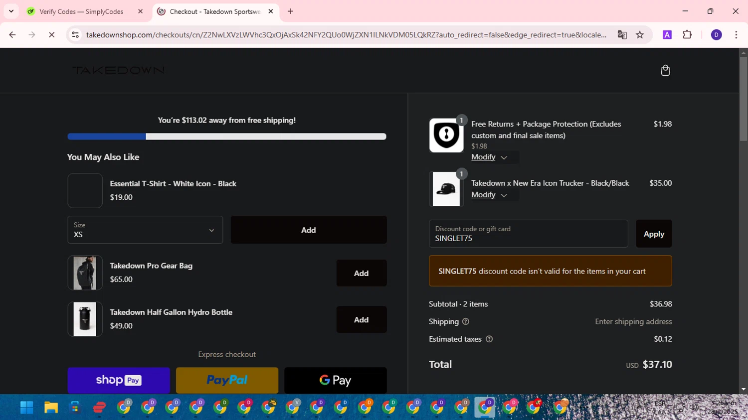 Takedown Sportswear discount code screenshot showing code SINGLET75 applied at Takedown Sportswear checkout page. Uploaded by SimplyCodes community member WonderLion2890 on Feb 28, 2025