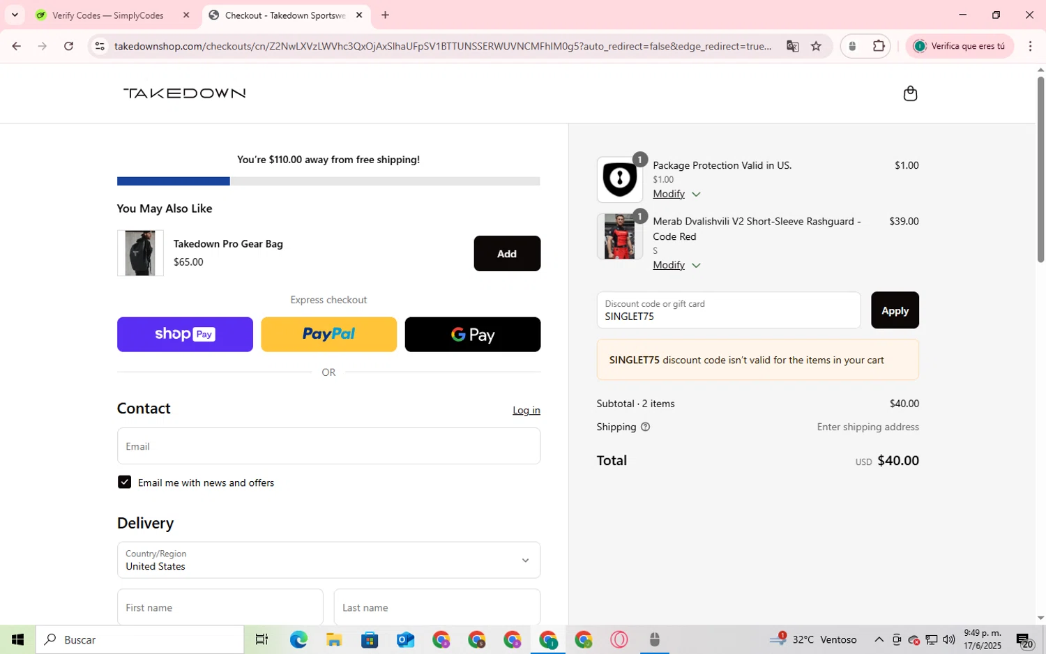 Takedown Sportswear discount code screenshot showing code SINGLET75 applied at Takedown Sportswear checkout page. Uploaded by SimplyCodes community member SmartShopper4328 on Jun 17, 2025