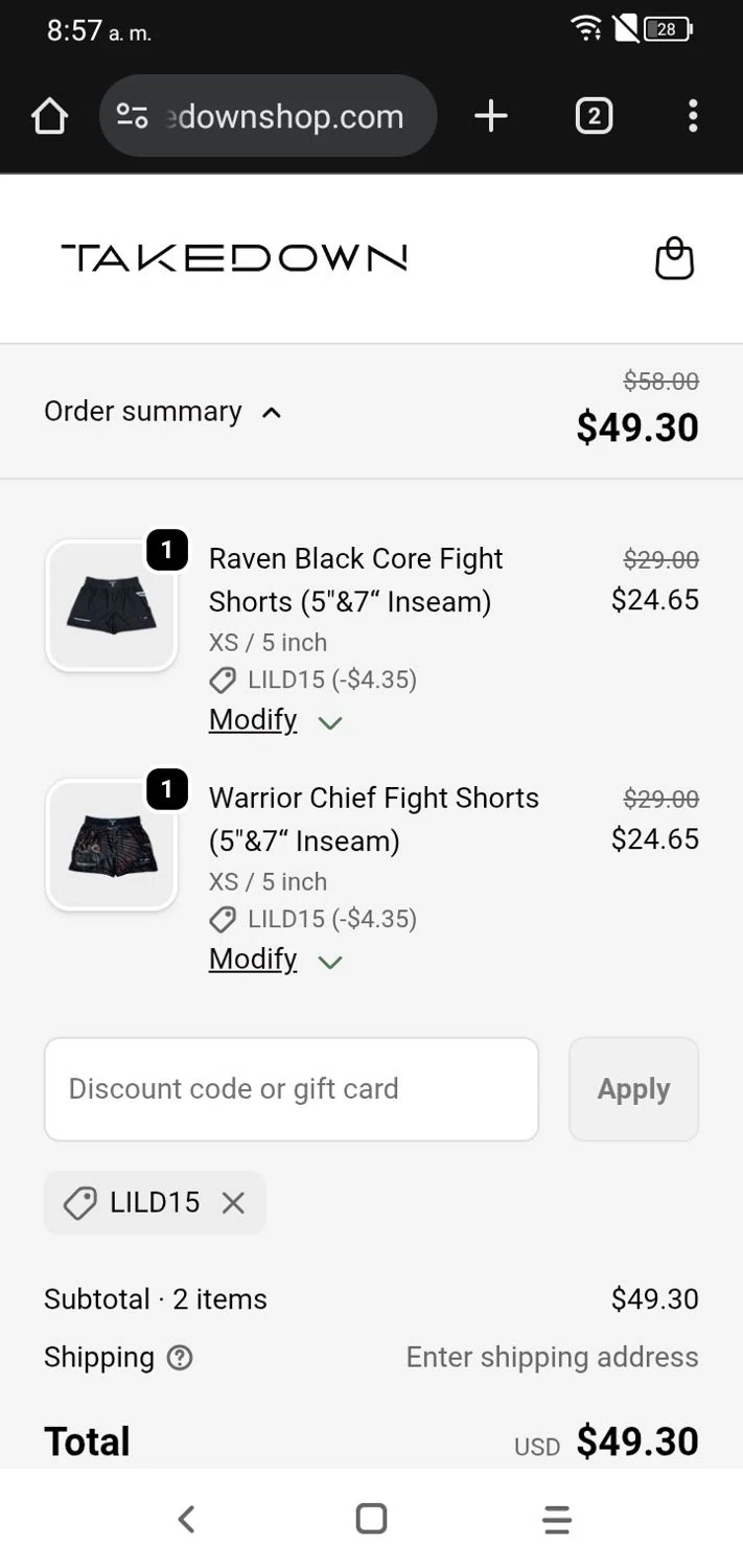 Takedown Sportswear discount code screenshot showing code LILD15 applied at Takedown Sportswear checkout page. Uploaded by SimplyCodes community member RoyalSpotter5217 on Oct 30, 2025