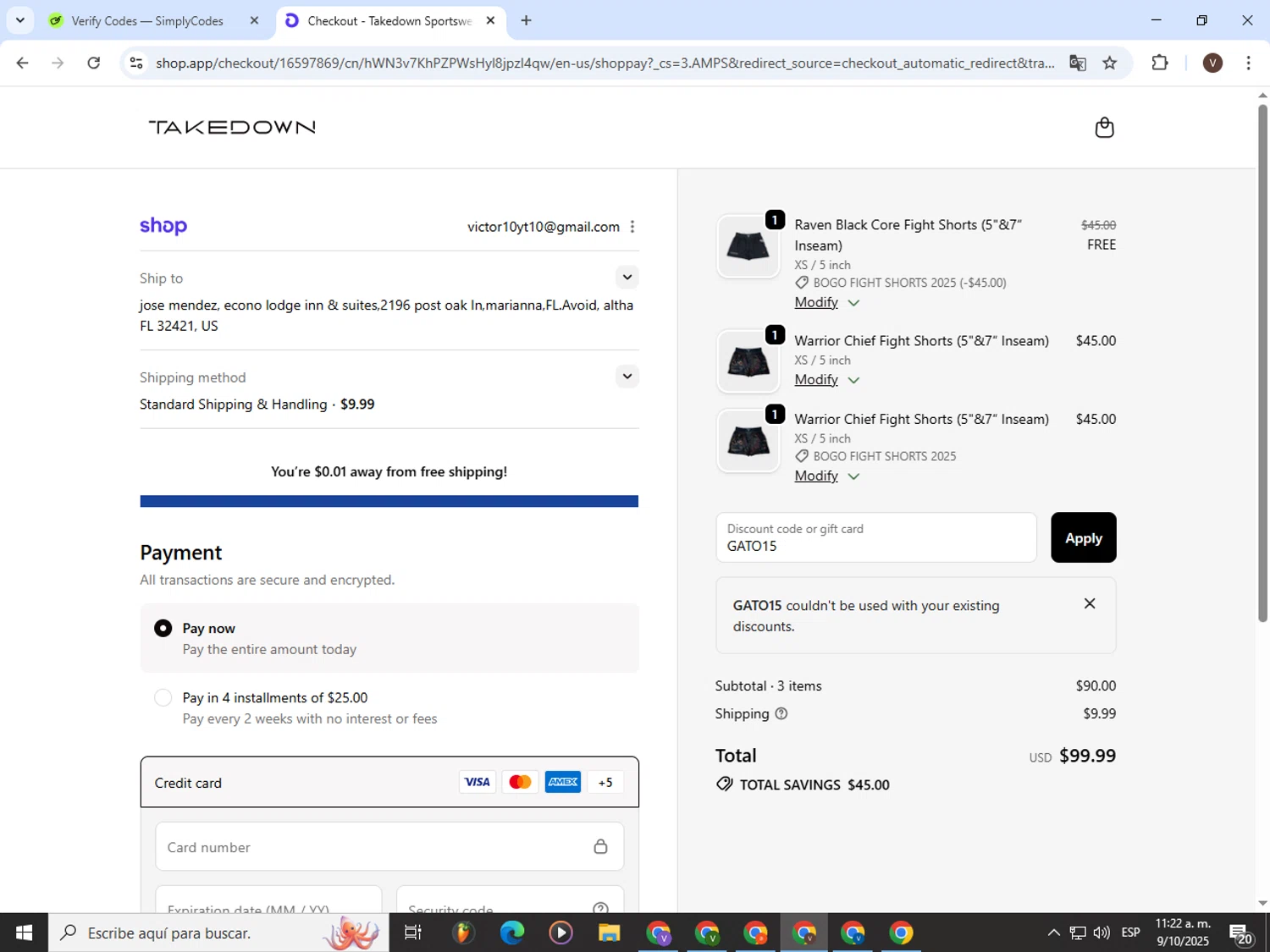 Takedown Sportswear discount code screenshot showing code GATO15 applied at Takedown Sportswear checkout page. Uploaded by SimplyCodes community member CashLion3448 on Oct 9, 2025