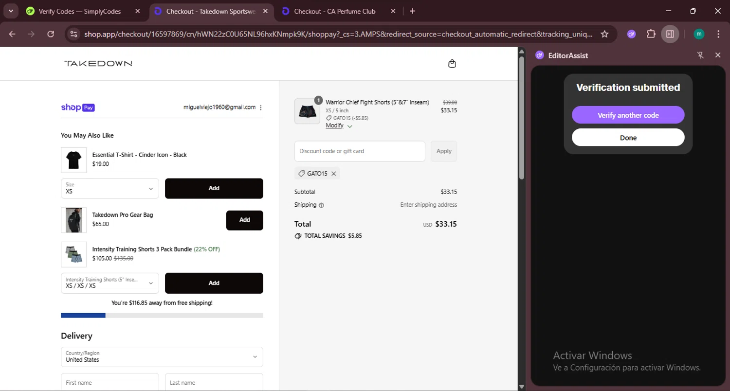 Takedown Sportswear discount code screenshot showing code GATO15 applied at Takedown Sportswear checkout page. Uploaded by SimplyCodes community member CrownSpotter4262 on Aug 21, 2025