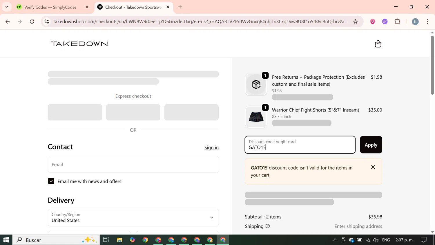 Takedown Sportswear discount code screenshot showing code GATO15 applied at Takedown Sportswear checkout page. Uploaded by SimplyCodes community member SavingsBoss9912 on Feb 7, 2026