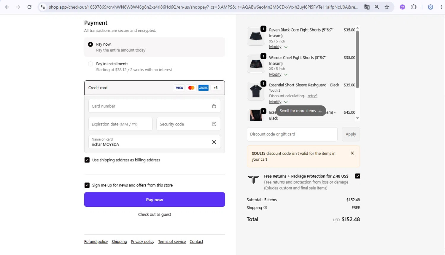 Takedown Sportswear discount code screenshot showing code SOUL15 applied at Takedown Sportswear checkout page. Uploaded by SimplyCodes community member PrimeWarden1601 on Feb 7, 2026