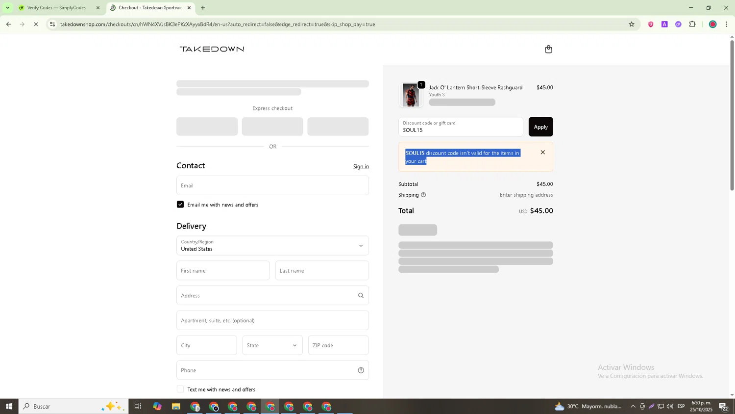 Takedown Sportswear discount code screenshot showing code SOUL15 applied at Takedown Sportswear checkout page. Uploaded by SimplyCodes community member Richard_Miller on Oct 25, 2025