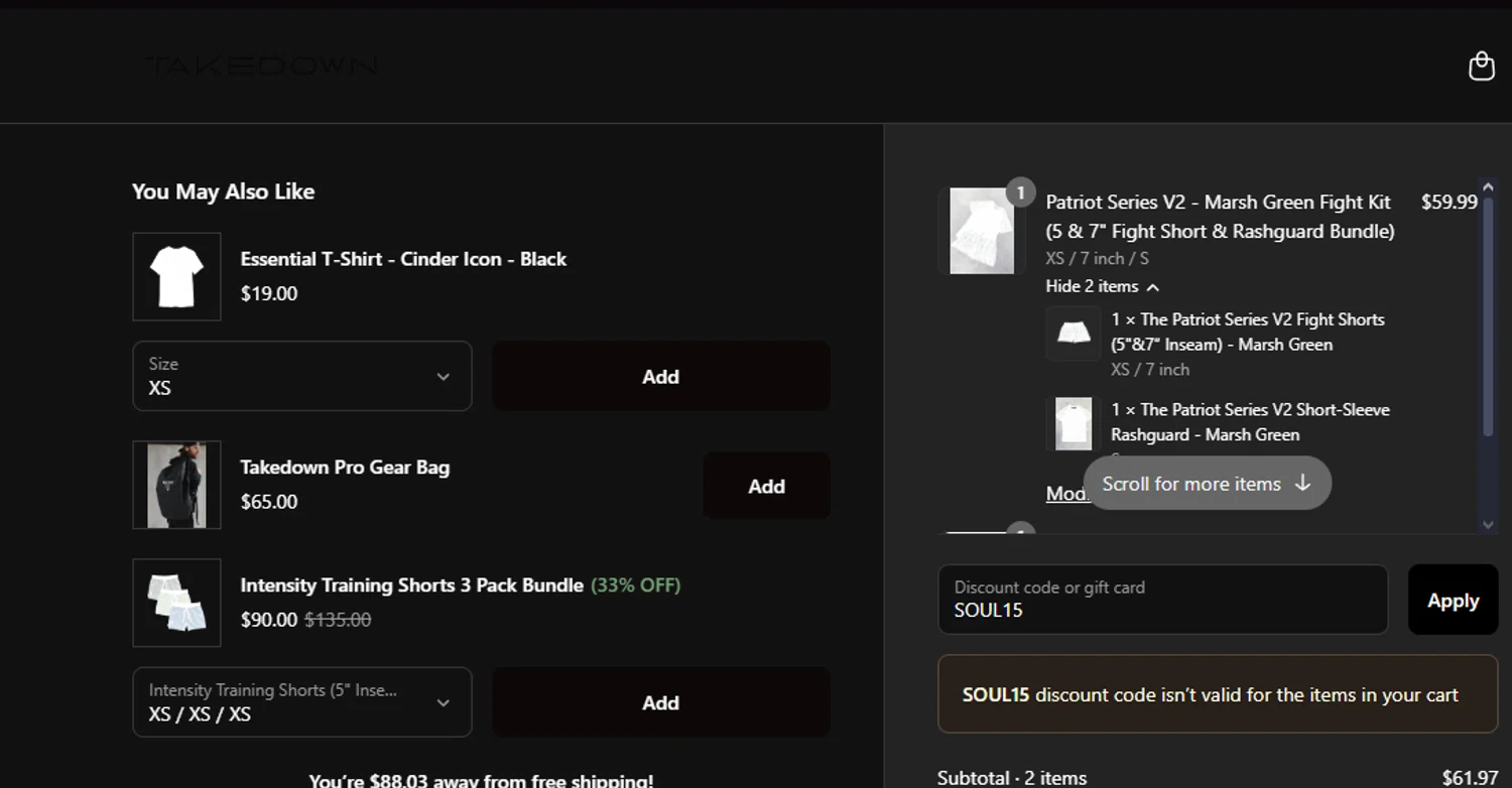 Takedown Sportswear discount code screenshot showing code SOUL15 applied at Takedown Sportswear checkout page. Uploaded by SimplyCodes community member chepipi on Aug 8, 2025