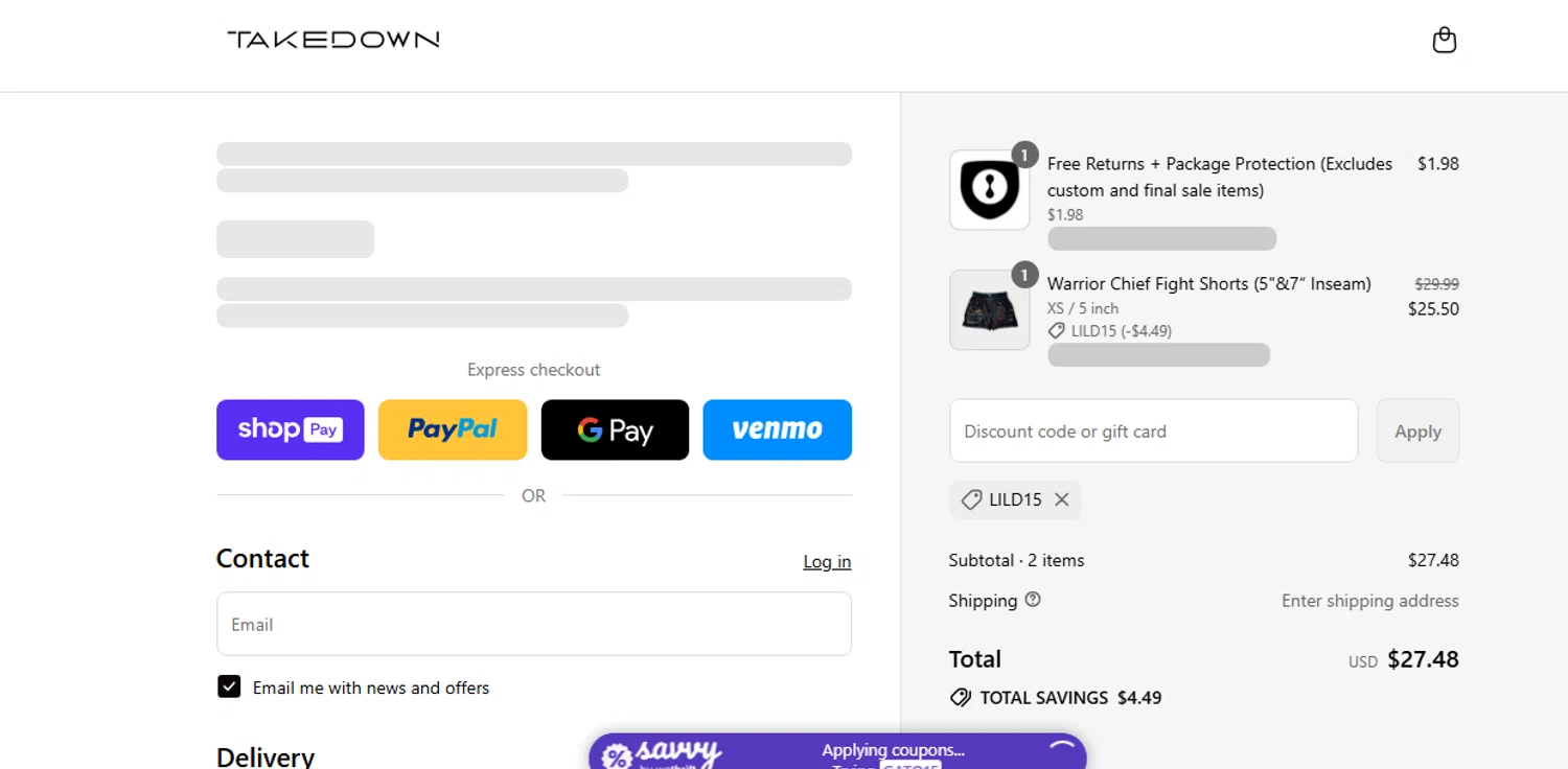 Takedown Sportswear discount code screenshot showing code LILD15 applied at Takedown Sportswear checkout page. Uploaded by SimplyCodes community member shark12 on Jul 8, 2025