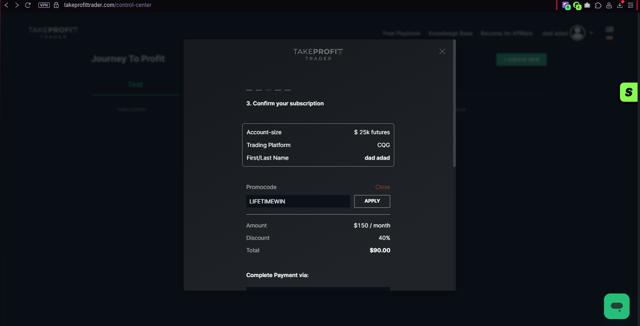 Take Profit Trader checkout page showing Take Profit Trader promo code box | Screenshot taken by SimplyCodes community member on Jul 20, 2025