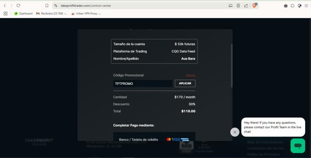Take Profit Trader checkout page showing Take Profit Trader promo code box | Screenshot taken by SimplyCodes community member on Mar 18, 2025