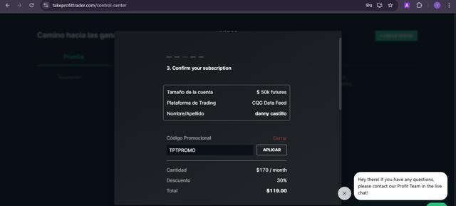 Take Profit Trader checkout page showing Take Profit Trader promo code box | Screenshot taken by SimplyCodes community member on Apr 1, 2025