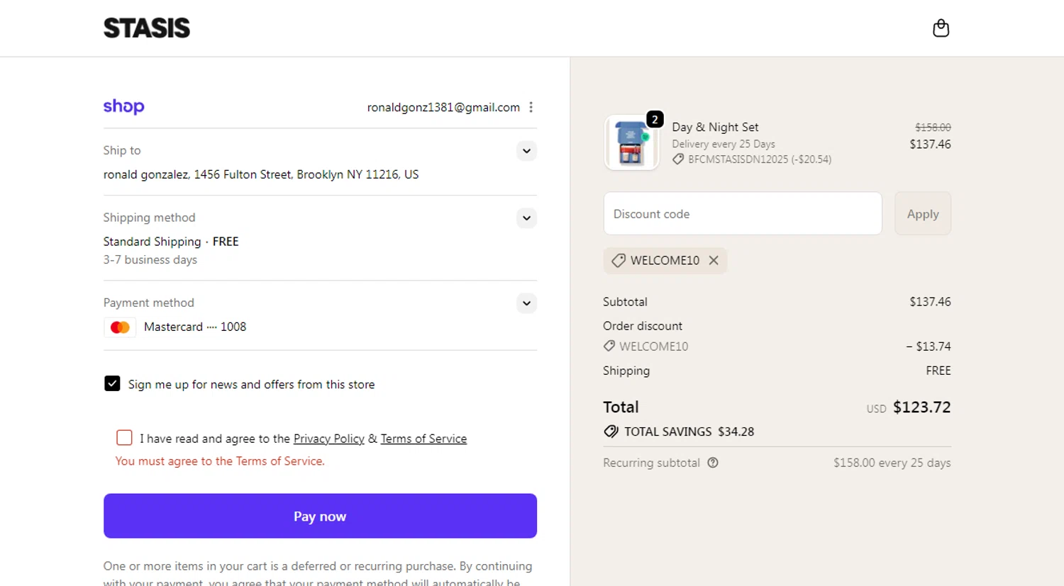 Stasis discount code screenshot showing code WELCOME10 applied at Stasis checkout page. Uploaded by SimplyCodes community member Ronald13 on Nov 19, 2025