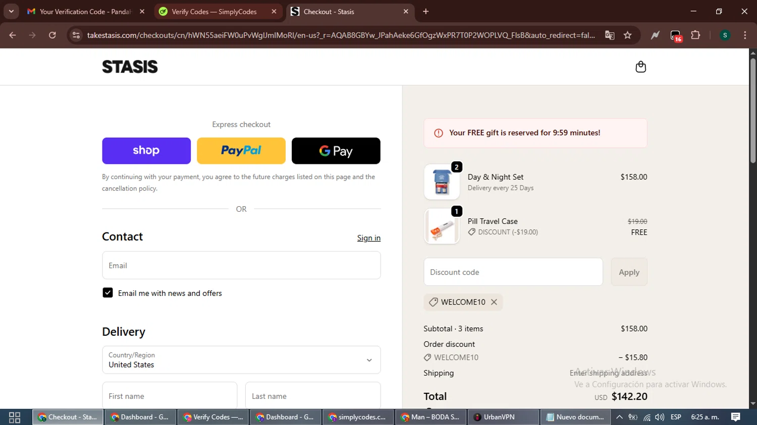 Stasis discount code screenshot showing code WELCOME10 applied at Stasis checkout page. Uploaded by SimplyCodes community member ShrewdAce7935 on Nov 9, 2025