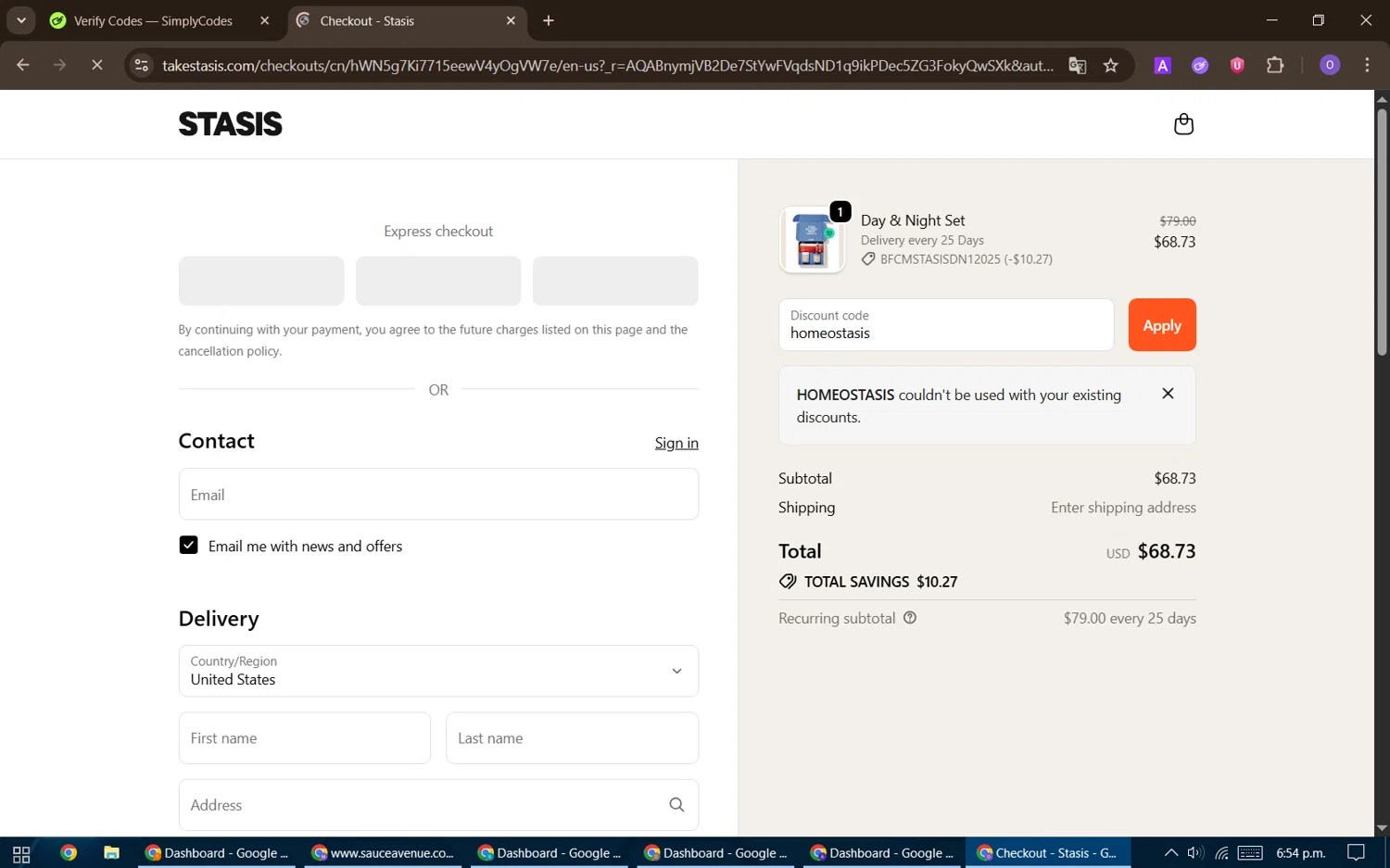 Stasis discount code screenshot showing code homeostasis applied at Stasis checkout page. Uploaded by SimplyCodes community member BudgetHawk9503 on Nov 24, 2025