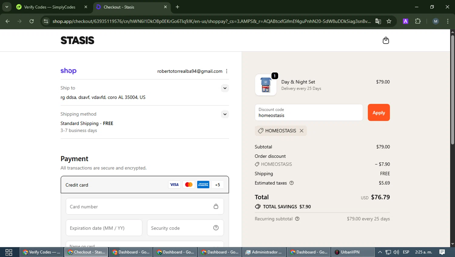 Stasis discount code screenshot showing code homeostasis applied at Stasis checkout page. Uploaded by SimplyCodes community member EpicCaptain5837 on Dec 11, 2025
