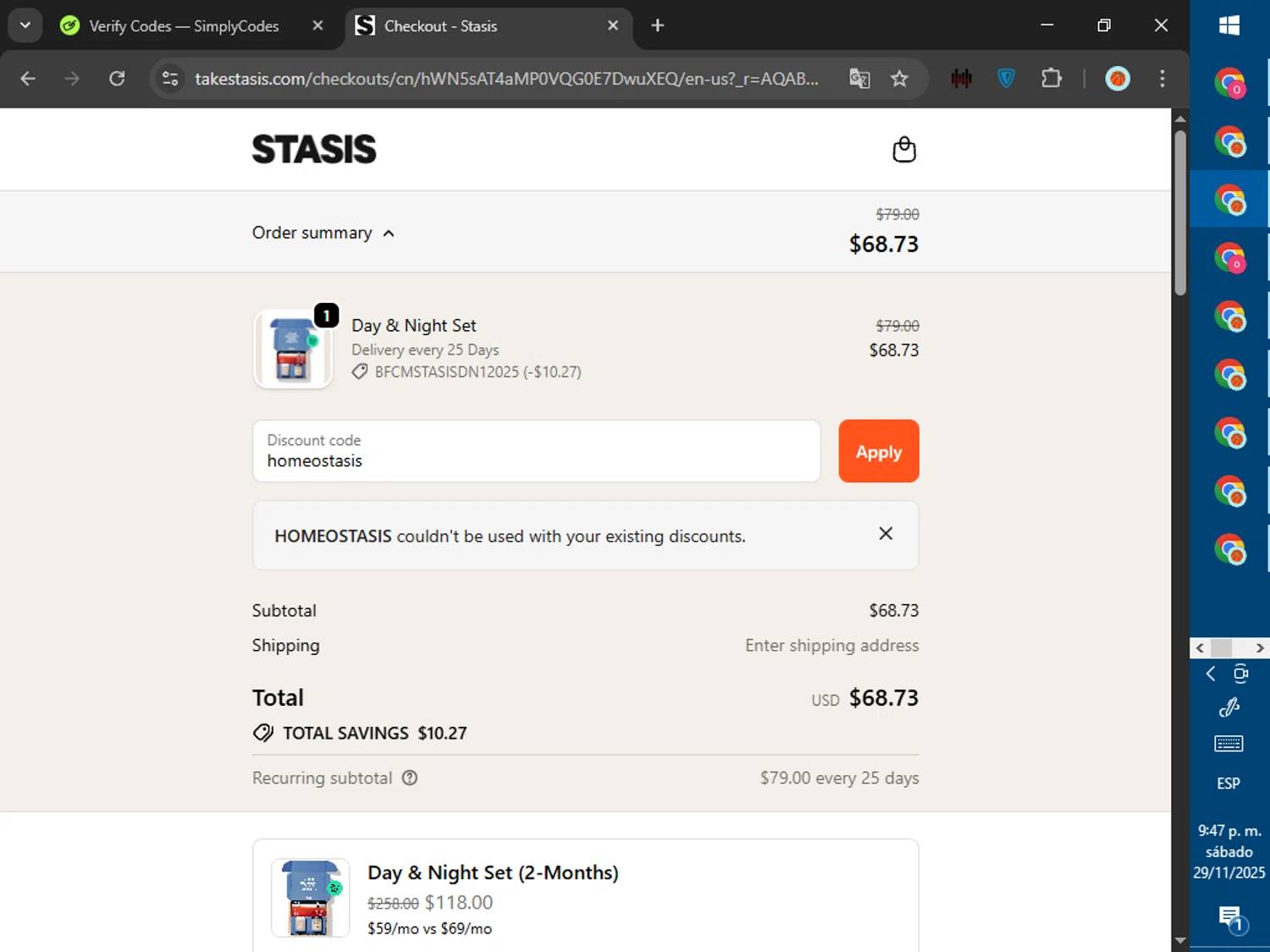 Stasis discount code screenshot showing code homeostasis applied at Stasis checkout page. Uploaded by SimplyCodes community member ValiantWarden8956 on Nov 30, 2025