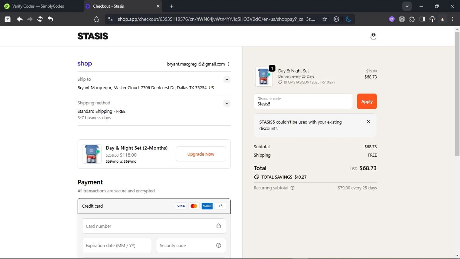 Stasis discount code screenshot showing code Stasis5 applied at Stasis checkout page. Uploaded by SimplyCodes community member BudgetCollector3125 on Dec 5, 2025