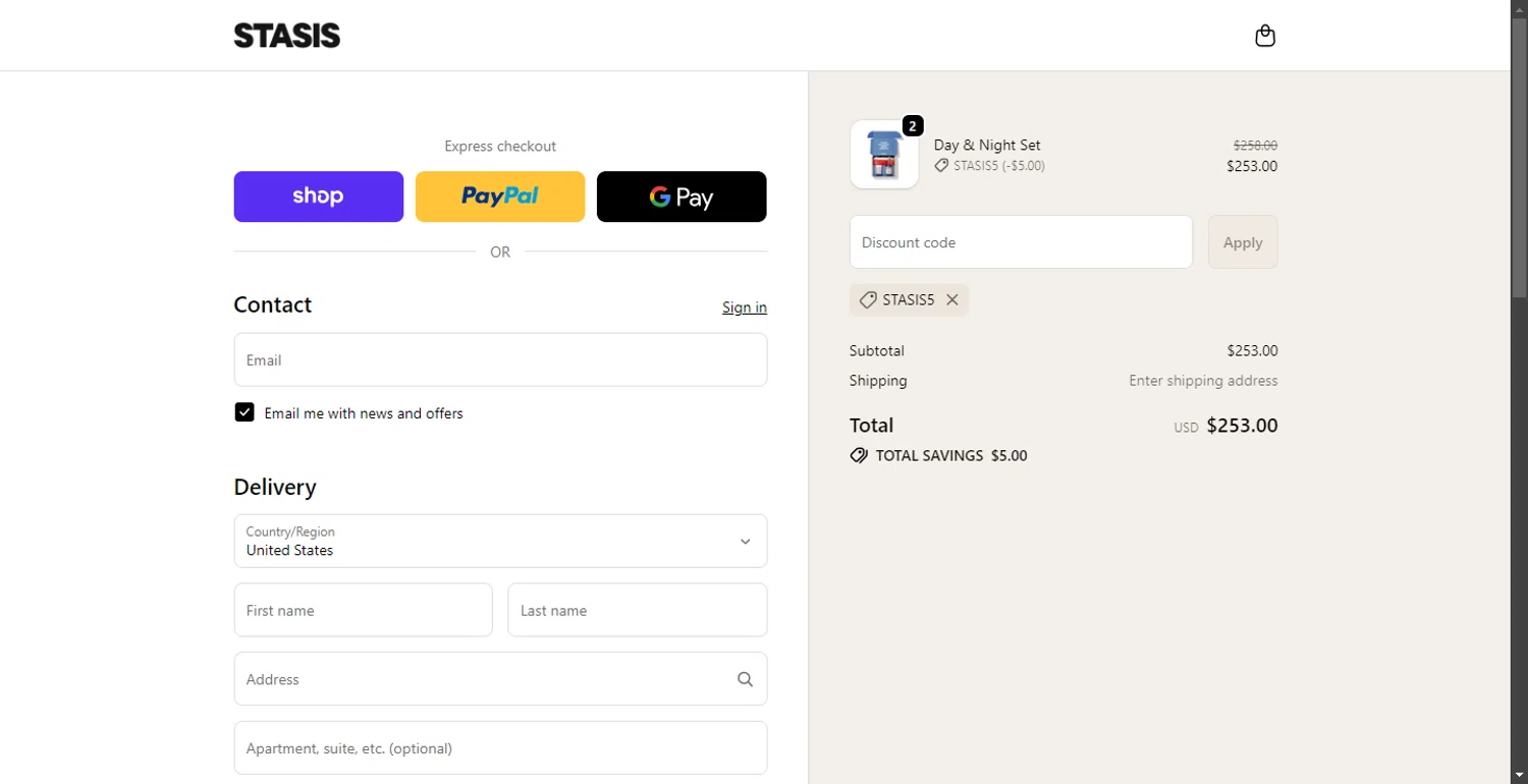 Stasis discount code screenshot showing code Stasis5 applied at Stasis checkout page. Uploaded by SimplyCodes community member SavvyHawk1474 on Dec 11, 2025