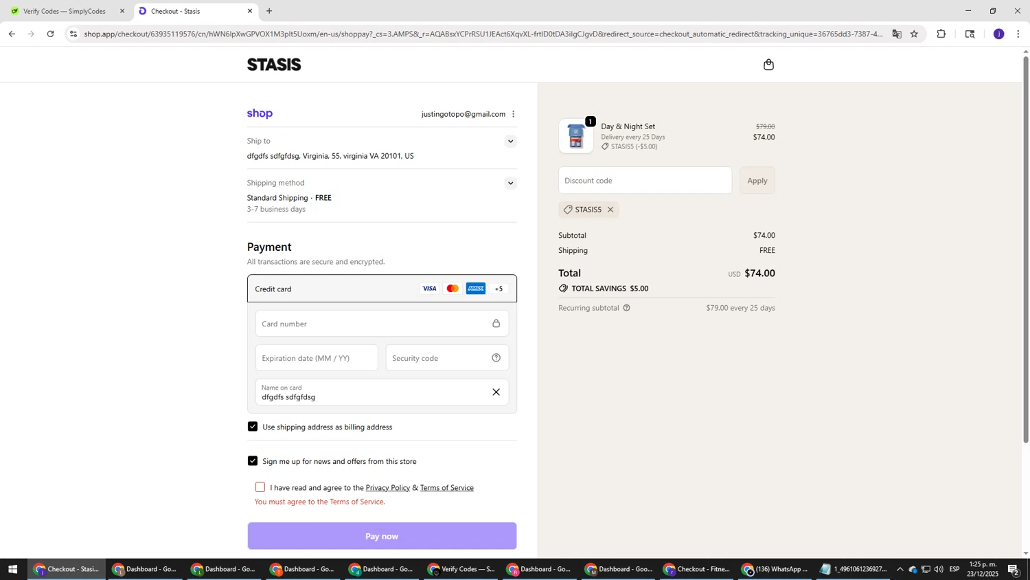 Stasis discount code screenshot showing code Stasis5 applied at Stasis checkout page. Uploaded by SimplyCodes community member simplycodesssss on Dec 23, 2025