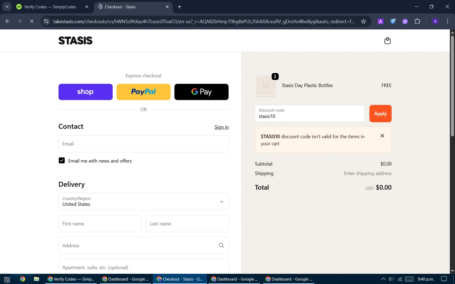 Stasis discount code screenshot showing code stasis10 applied at Stasis checkout page. Uploaded by SimplyCodes community member ThriftySentinel2853 on Nov 30, 2025