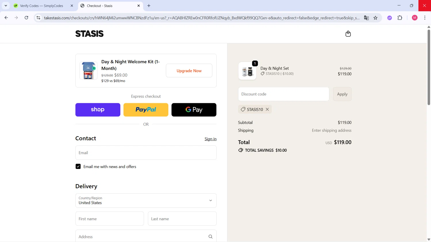 Stasis discount code screenshot showing code stasis10 applied at Stasis checkout page. Uploaded by SimplyCodes community member ValueCollector4159 on Dec 5, 2025