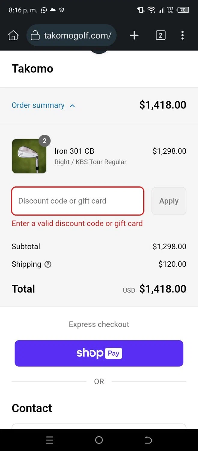 Takomo Golf discount code screenshot showing code Goodtimesgolf applied at Takomo Golf checkout page. Uploaded by SimplyCodes community member CleverSleuth6613 on Aug 4, 2025