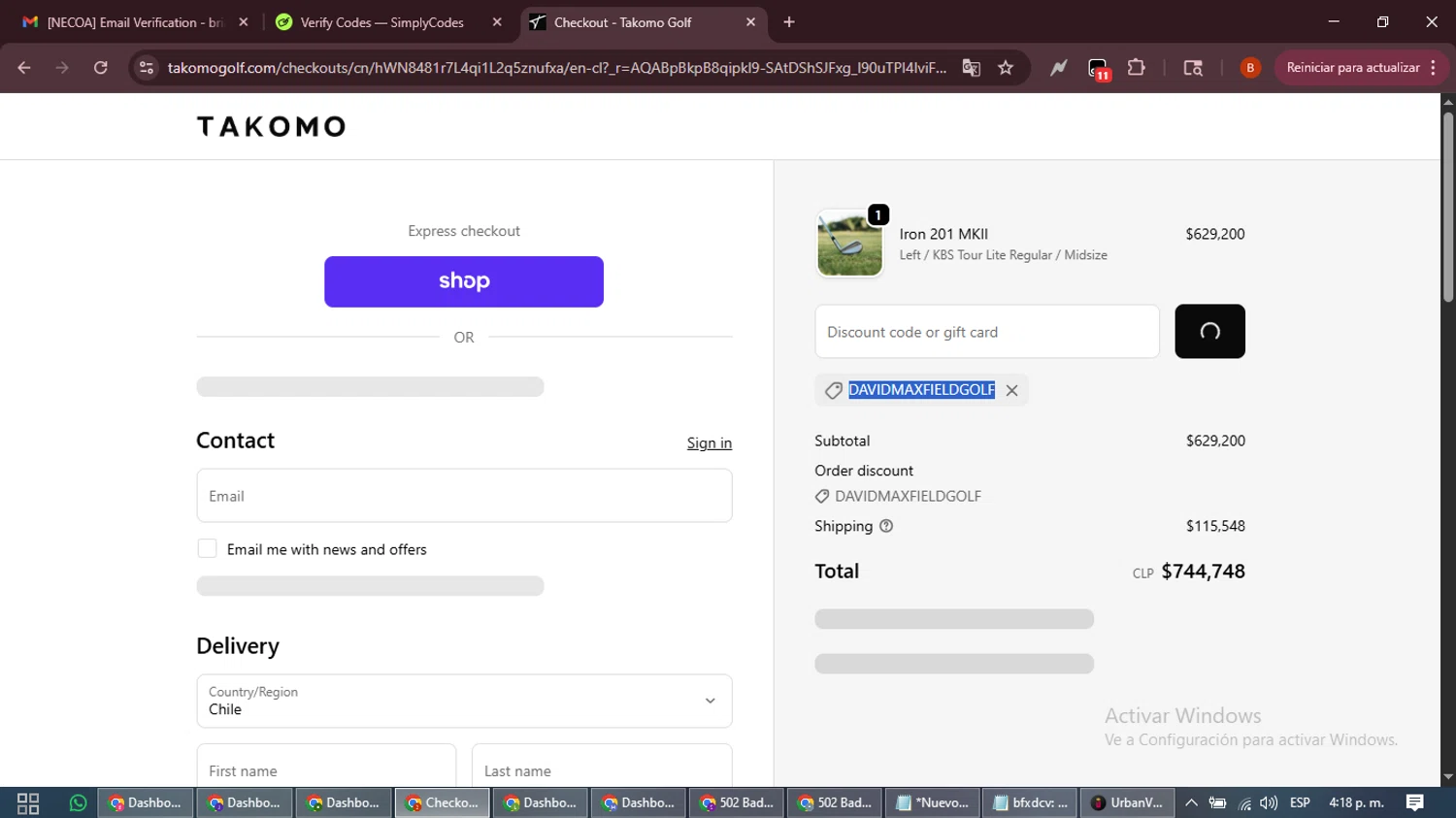 Takomo Golf discount code screenshot showing code DAVIDMAXFIELDGOLF applied at Takomo Golf checkout page. Uploaded by SimplyCodes community member DiscountExpert6435 on Jan 26, 2026