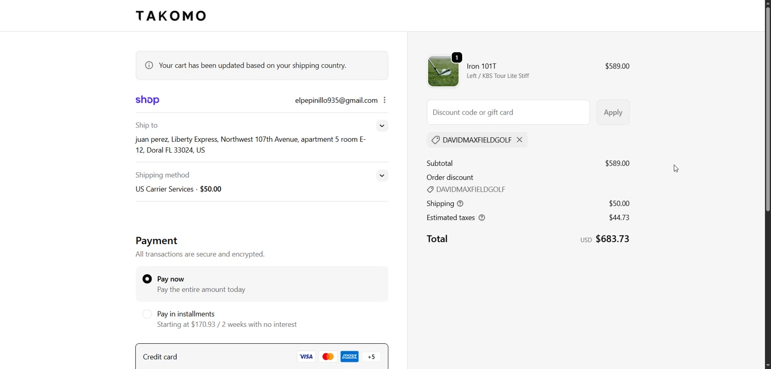 Takomo Golf discount code screenshot showing code DAVIDMAXFIELDGOLF applied at Takomo Golf checkout page. Uploaded by SimplyCodes community member Enmanuel99 on Dec 22, 2025